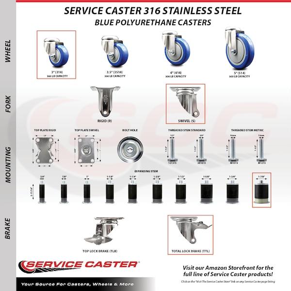 Service Caster 3 Inch 316SS Blue Poly Swivel 1-7/8 Inch Expanding Stem Caster Set Lock Brake SCC-SS316TTLEX20S314-PPUB-BLUE-178-4 - main
